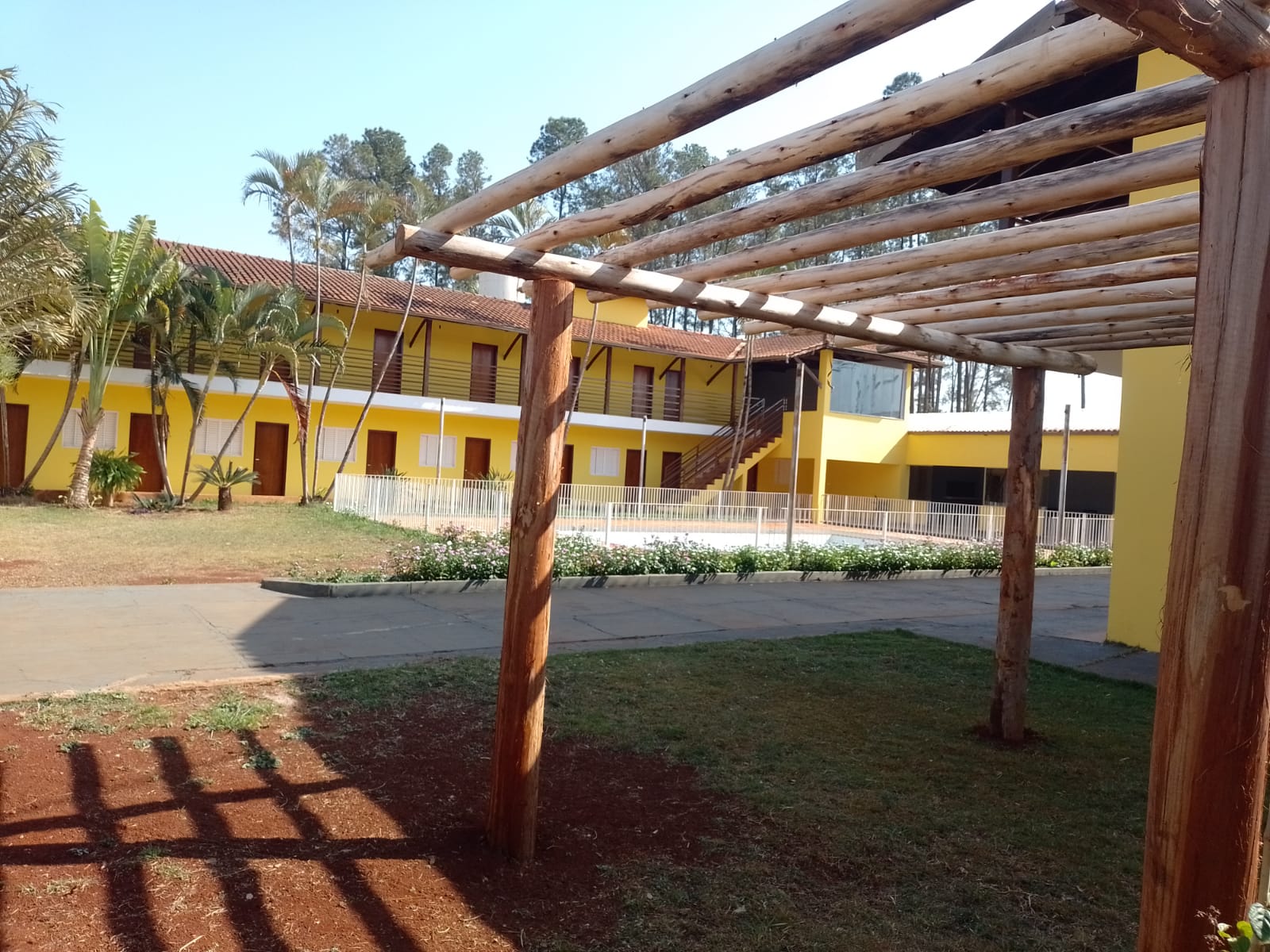 Pergolado de madeira no jardim com vista para a piscina