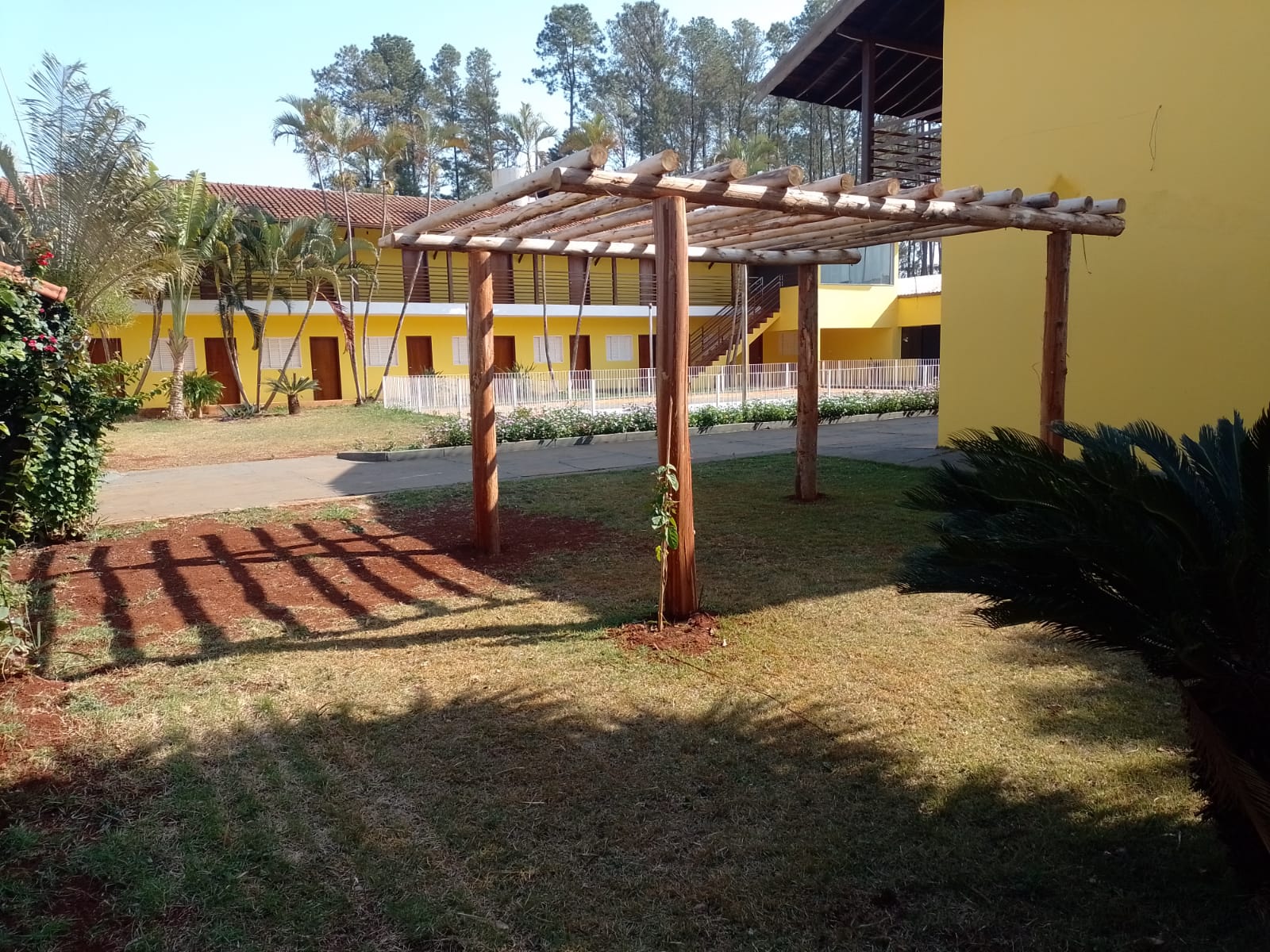 Área de descanso com pergolado de madeira no gramado
